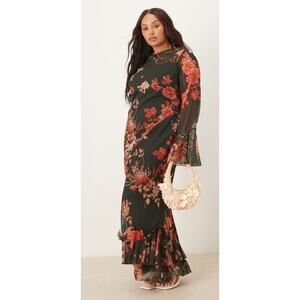 ASOS Long Sleeve Floral Print Maxi Dress Black Red Frill Hem Womens Size 14 New